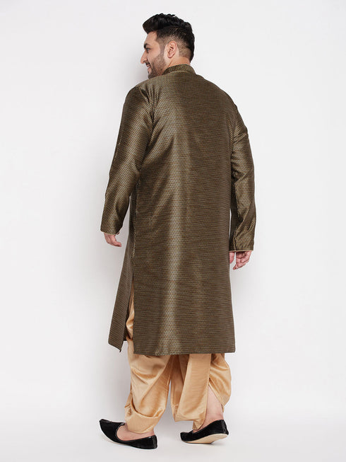 Vastramay Men's Plus Size Black Woven Kurta And Rose Gold Dhoti Set